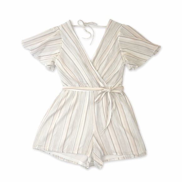 Mi Ami Striped Wrap Romper Size Large Tie Waist Summer - Picture 2 of 6